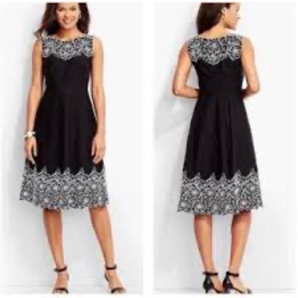 Talbots Black And White Embroidered A-Line Midi Dress Size 8